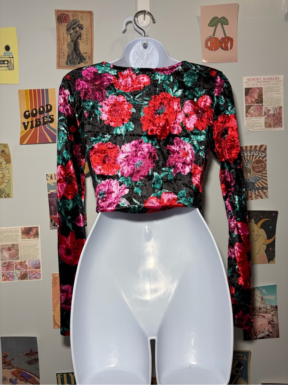Velvet Floral Long-Sleeve Cropped Top - Black with Red & Pink Flowers - Picture 2 of 4
